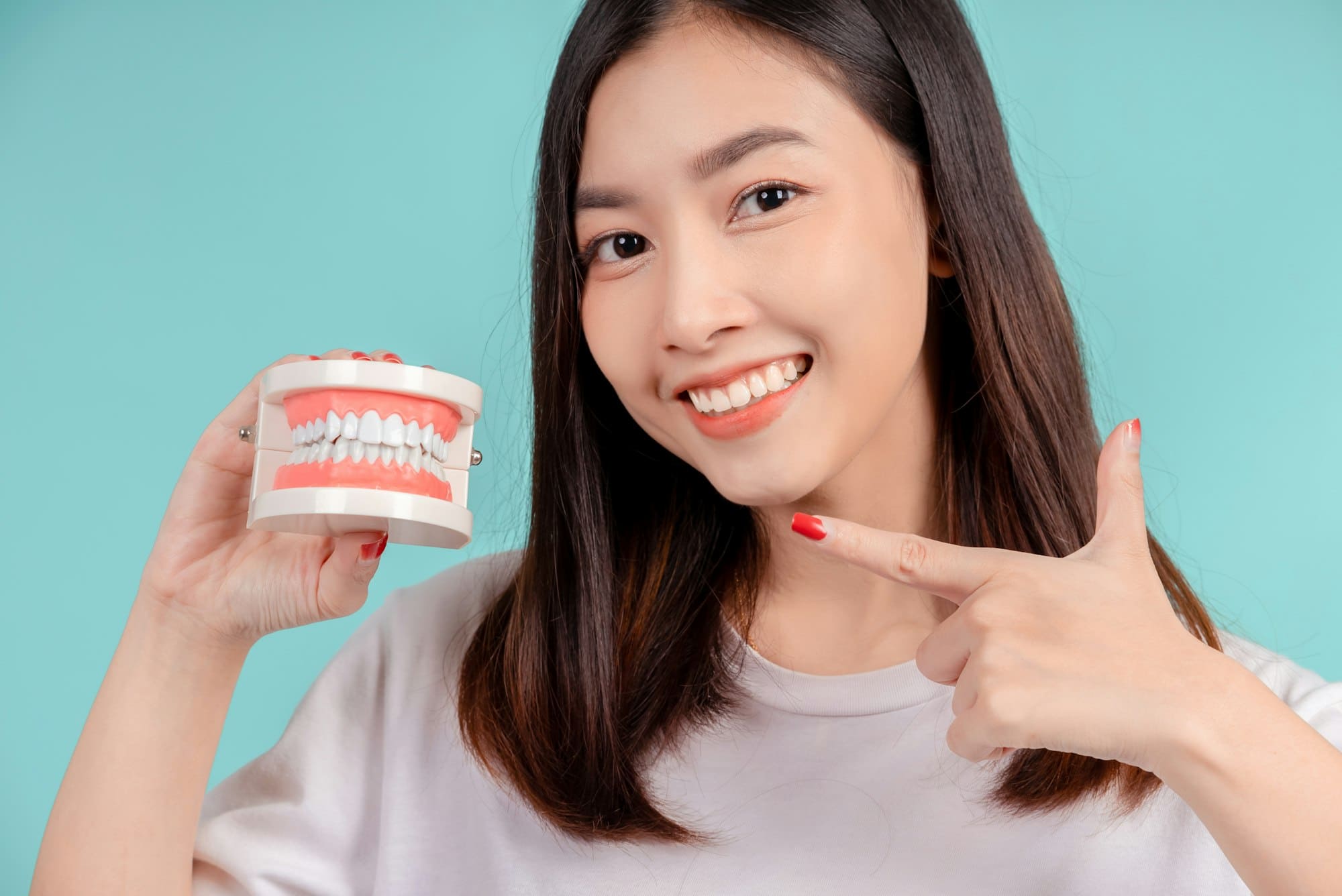 ผู้หญิงชี้ไปที่แบบจำลองฟัน ผู้หญิงมาใช้บริการอุดฟันหน้าแตก